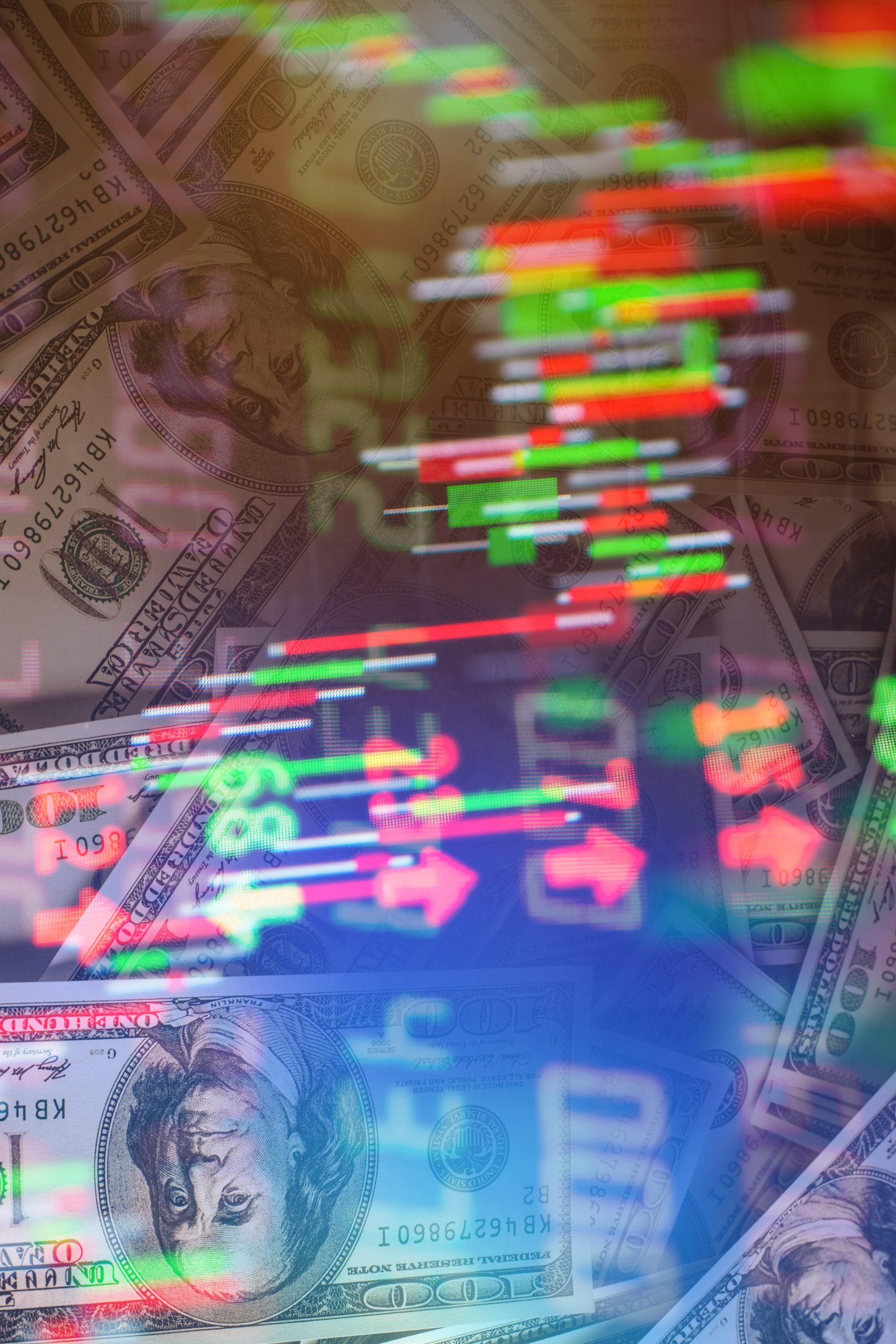 Bom dia Mercado Double exposure of stock market in tablet with money and chart.